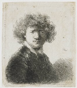 Self-portrait with curly hair and white collar: bust