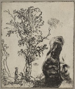 Sheet with Two Studies: A Tree and the Upper Part of a Head of Rembrandt Wearing a Velvet Cap, ca. 1642 by Rembrandt van Rijn