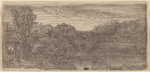 Small Gray Landscape: a House and Trees beside a Pool