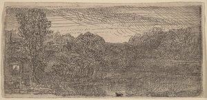 Small Gray Landscape: A House and Trees Beside a Pool by Rembrandt van Rijn
