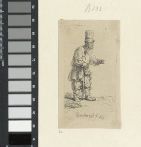 Standing Peasant with High Headgear, Leaning on a Stick by Rembrandt van Rijn