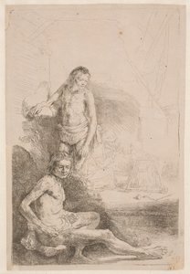 Studies from the Nude: One Man Seated and Another Standing with a Woman and Baby in the Background by Rembrandt van Rijn