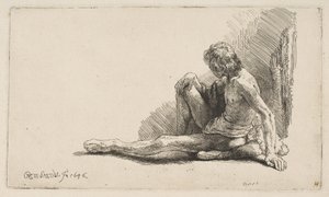 Study from the Nude: Man Seated on Ground, with One Leg Extended, 1646 by Rembrandt van Rijn