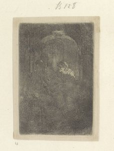 Woman in a Doorway, Talking to a Man with Children