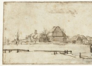 Winter View with a Waterway, Cottages and Two Boats by Rembrandt van Rijn