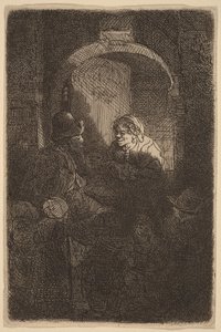 Woman at a Door Hatch Talking to a Man and Children (The Schoolmaster) by Rembrandt van Rijn