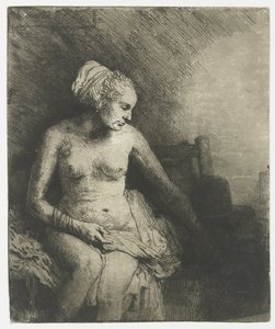 Woman at the Bath, with a Hat beside her by Rembrandt van Rijn