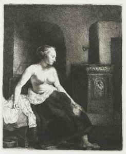 Woman Sitting Half Dressed Beside a Stove
