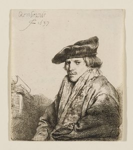 Young Man in a Velvet Cap with Books Beside Him by Rembrandt van Rijn
