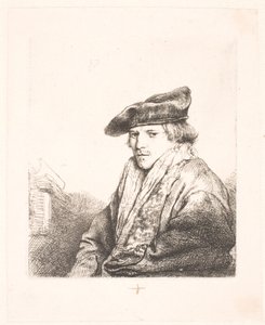 Young Man in a Velvet Cap with Books Beside Him by Rembrandt van Rijn