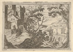 Landscape with buildings to the left and a bridge at right below by Remigio Cantagallina