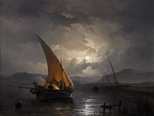 A night landscape with a sailboat where a fire is being lit, after 1860 by Remigius van Haanen