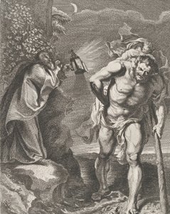 Saint Christopher carrying the Christ child across a stream, another man holding a staff by Remoldus Eynhoudts