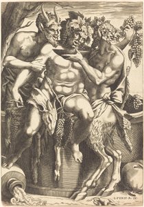 Two Satyrs Giving Drink to Bacchus by René Boyvin after Luca Penni