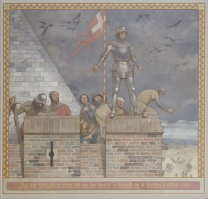 Painting by Georg Sturm Depicting Jan van Schaffelaar Throwing Himself from the Tower in Barneveld to Save the Garrison, on the Southern Wall in the Entrance Hall