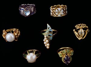 Gold, silver and copper rings with enamel, opal, pearls, amethysts and brilliant diamonds by Rene Jules Lalique
