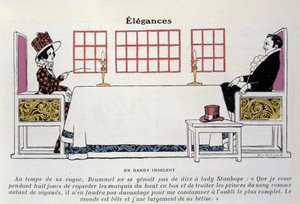 A representation of Beau Brummell (George Bryan Brummell) (1778-1840) at table in front of Lady Stanhope, he gave birth to the expression 