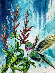 "Hover" Hummingbird and Pineapple Sage Flowers by Renee Machan Cottagecore Artist