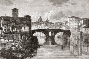 The Pons Fabricius, or Ponte dei Quattro Capi, and Tiber Island, Rome, Italy in the late 19th century. From Italian Pictures by Rev. Samuel Manning, published c.1890.
