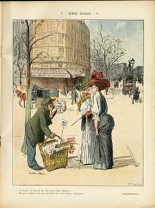 Illustration by Ricardo Flores (1878-1918) in Le Rire, 25/04/08 - Triple Excerpt - Architecture Urbanism, Fashion, Hat, Transport, Flowers, Shops