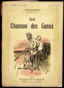 Old man and little boy, wearing travel knots and shoes swaddled in rags, on a road (illustration by Ricardo Flores for the cover of the collection of texts and poems entitled 