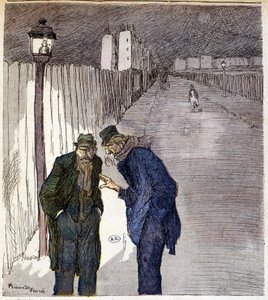 Two men chatting in a sinister alley - drawing by Ricardon Florès