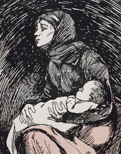 Christmas Eve. 1900. A skinny woman with her child in her arms (engraving)