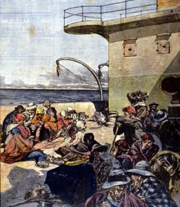Italian emigration to Canada; the trip on board the Lake Megantic was made under rather difficult conditions. Illustration by R. Pellegrini. La Domenica del corriere. 02/06/1901