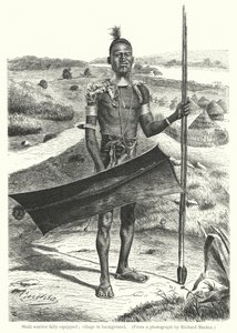 Shuli warrior fully equipped; village in background by Richard (after) Buchta