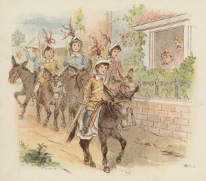 Children on donkeys off to play war