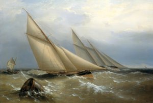 A Schooner and Cutter Yacht Rounding a Buoy