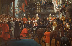 Queen Victoria Knighting Herbert Ashman, Esq., First Lord Mayor of Bristol, at the Council House, November 12th by Richard Caton II Woodville