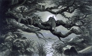 Fairies, nymphs and elves resting in the moonlight on a branch, Illustration of 