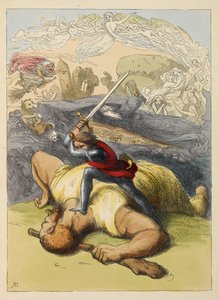 Jack standing on the body of a giant, with his sword raised