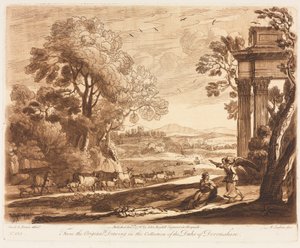 Liber Veritatis: No. 133, A Landscape, with Cattle, and the Angel Comforting Hagar, 1776 by Richard Earlom