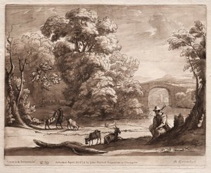 Liber Veritatis: No. 39, A Landscape with Herdsman Playing a Bagpipe and Goats Browsing by Richard Earlom