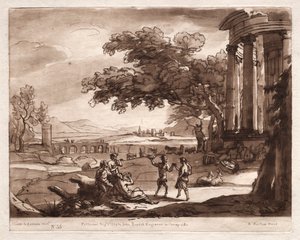 Liber Veritatis: No. 55, A Landscape with a Temple and a Nymph and Satyr Dancing by Richard Earlom