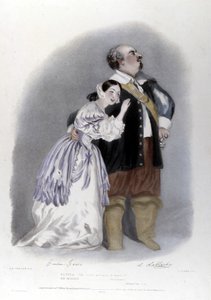 Giulia Grisi and Luigi Lablache in the 3rd act of “The Puritans” by Vincenzo Bellini. Lithography by R. J. Lane. 1835