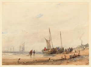 Coast with Beached Boats and Figures by Richard Parkes Bonington
