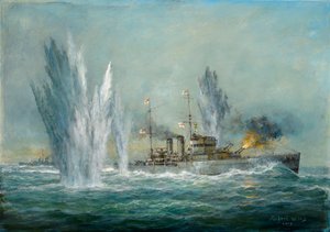 HMS Exeter engaging in the Graf Spree at the Battle of the River Plate