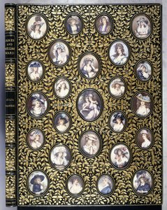 A book cover with twenty-five portrait miniatures of beautiful women, after the Ward