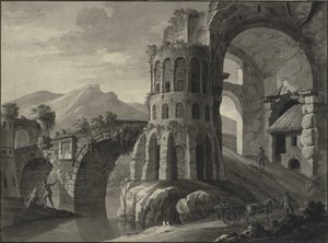 Architectural Fantasy: Ruin of Antique Bridge, Flanked by Medieval Towers by Robert Adam