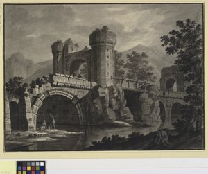 Architectural Fantasy of a Ruined Bridge in a Landscape by Robert Adam
