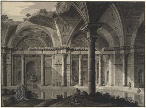Architectural Fantasy of an Antique Bath with Ruined Roof and Figures