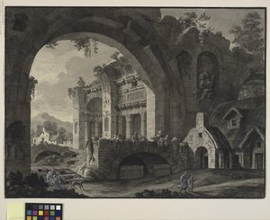 Architectural fantasy with ruins of an antique bath and cottages by Robert Adam