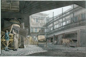View of the Yard at the Spread Eagle, Gracechurch Street, with Coaches and Horses Feeding by Robert Blemell Schnebbelie