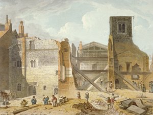View of the demolition of the Savoy Palace, Westminster, London