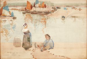 Figures on the Harbour Wall, Brittany by Robert Brough