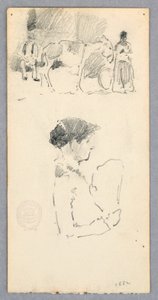 Scene with Donkey and Two Figures; Woman Holding a Fan, 1882