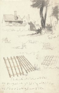 Studies of Farmhouses by a Gate, Ploughing and Harrows by Robert Hills